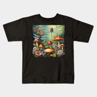 Mystical Garden IV Dragonflies Flowers and Mushrooms Kids T-Shirt
